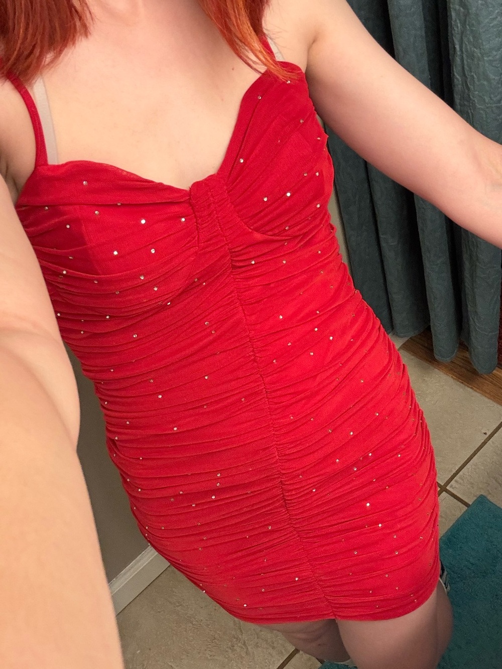 Red Ruched Rhinestone Bodycon Dress